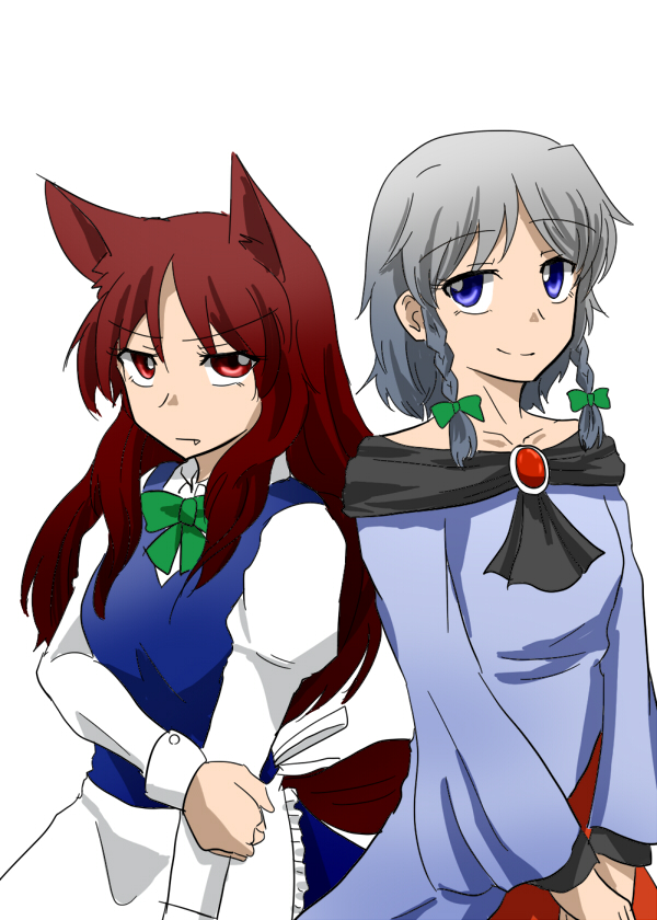 animal_ears apron arm_holding blue_eyes bow braid brooch brown_hair collarbone cosplay costume_switch dress expressionless fang fang_out hair_bow imaizumi_kagerou imaizumi_kagerou_(cosplay) izayoi_sakuya izayoi_sakuya_(cosplay) jewelry juliet_sleeves layered_dress light_smile long_hair long_sleeves maid multiple_girls puffy_sleeves red_eyes sento_(iroiro_gottani) shawl short_hair silver_hair simple_background touhou twin_braids v_arms waist_apron white_background wolf_ears
