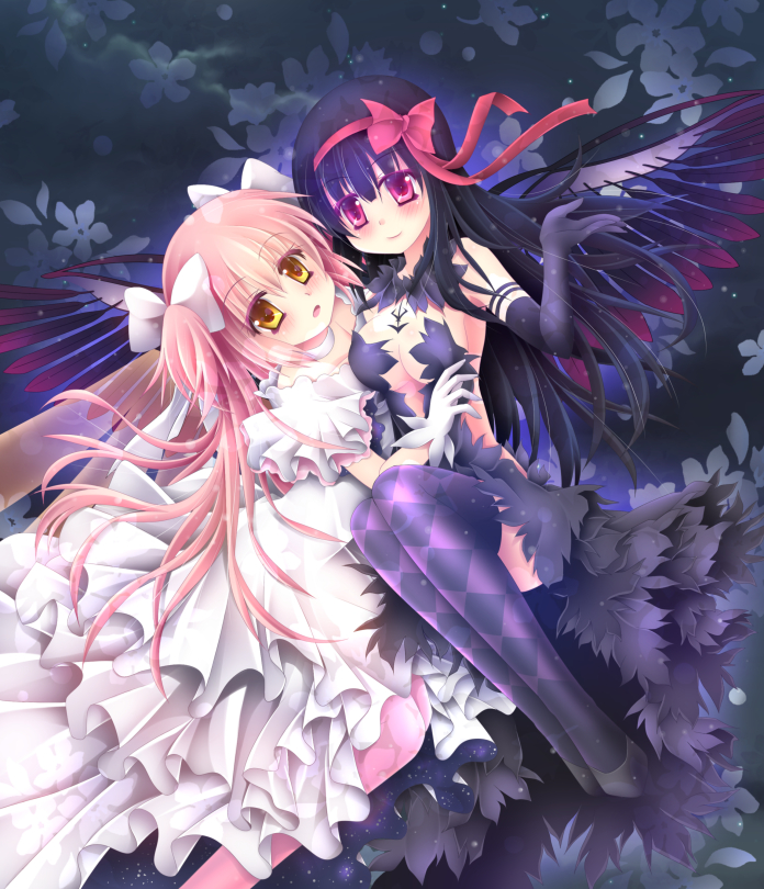 akemi_homura akuma_homura alternate_form argyle argyle_legwear black_dress black_gloves black_hair black_vs_white black_wings bow breasts cleavage detached_collar dress elbow_gloves feathered_wings floating frilled_dress frills gloves hair_bow hair_ribbon invisible_chair kaname_madoka leaf light_smile looking_at_viewer magical_girl mahou_shoujo_madoka_magica mahou_shoujo_madoka_magica_movie medium_breasts multiple_girls night parted_lips pink_hair pink_legwear purple_legwear red_eyes ribbon shoes sitting skf sky spoilers star_(sky) starry_sky tattoo thighhighs two_side_up ultimate_madoka white_dress white_gloves wings yellow_eyes yuri zettai_ryouiki