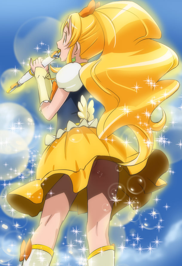 arm_guards ass blonde_hair blue_background blue_sky boots bottomless bow bow_legwear bubble bubble_background cloud cure_honey earrings frills from_behind hair_bow happinesscharge_precure! haruyama_kazunori jewelry kneepits light_particles long_hair mini_wings music no_panties oomori_yuuko ponytail precure profile puffy_sleeves singing skirt sky solo upskirt wand wide_ponytail wings