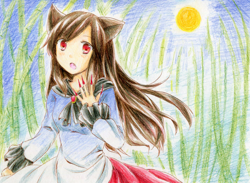 :o animal_ears bamboo bamboo_forest brown_hair dress fang fingernails forest full_moon imaizumi_kagerou long_fingernails moon nail_polish nature night puchimirin red_eyes red_nails solo touhou wolf_ears
