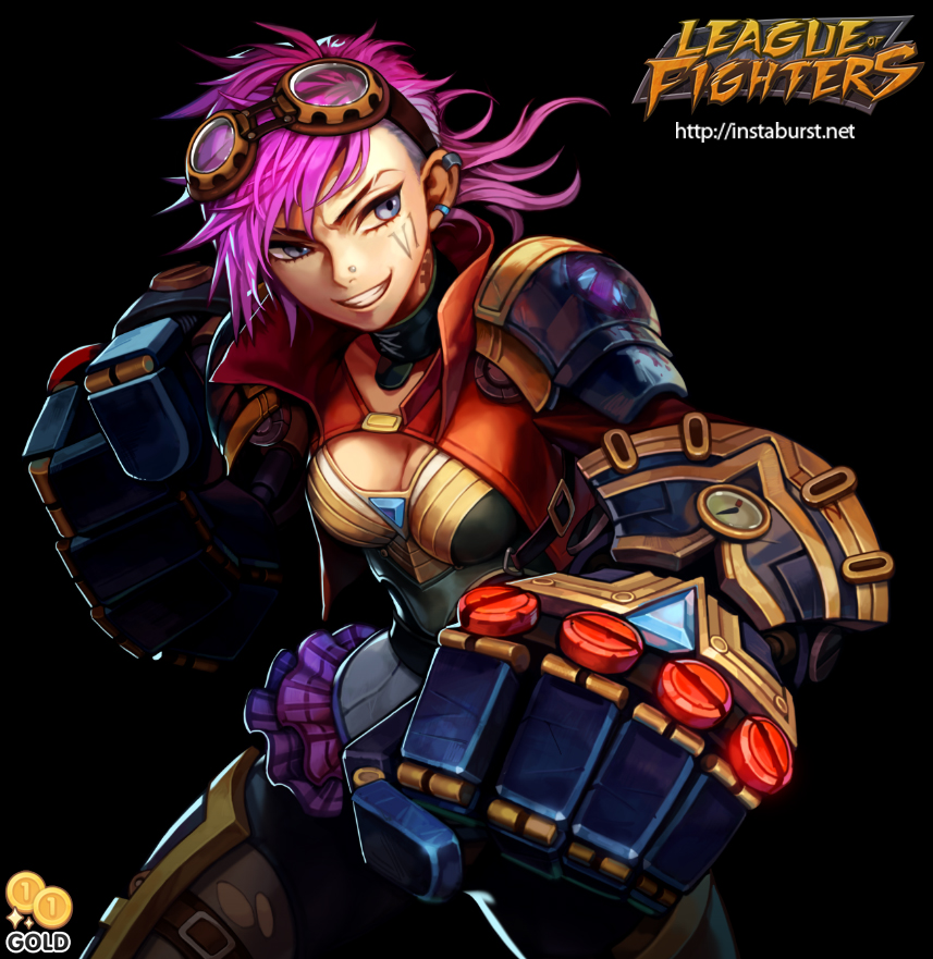 2gold armor black_background blue_eyes breasts cleavage earrings fighting_stance goggles goggles_on_head grin jewelry large_breasts league_of_legends mechanical_arm mechanical_arms pink_hair smile solo vi_(league_of_legends)