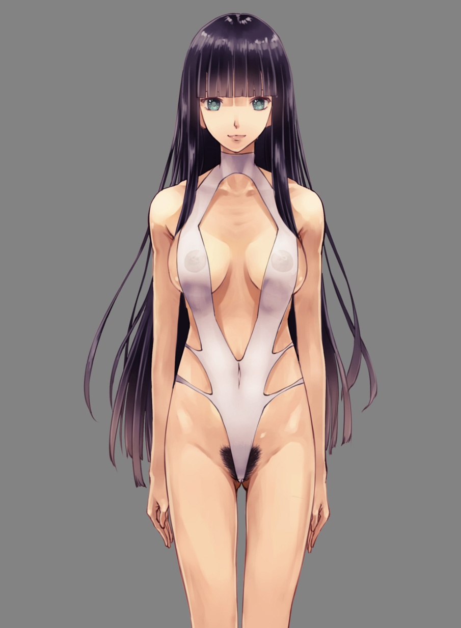 bangs black_hair blue_eyes blunt_bangs breasts casual_one-piece_swimsuit center_opening covered_nipples excessive_pubic_hair grey_hair highres light_smile long_hair medium_breasts nipples one-piece_swimsuit original pubic_hair see-through simple_background solo standing swimsuit very_long_hair yuzawa