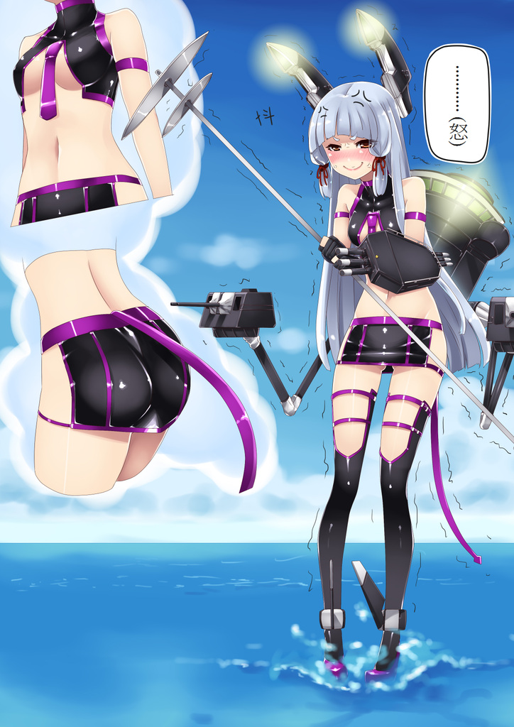 alternate_costume blush cloud day embarrassed hiememiko kantai_collection long_hair murakumo_(kantai_collection) necktie purple_neckwear revealing_clothes silver_hair sky thighhighs translated