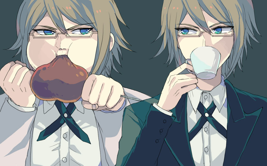 blonde_hair blue_eyes chara_rira cup danganronpa danganronpa_1 drinking eating food formal glasses grey_background looking_at_another meat multiple_boys necktie short_hair suit super_danganronpa_2 teacup togami_byakuya togami_byakuya_(super_danganronpa_2)
