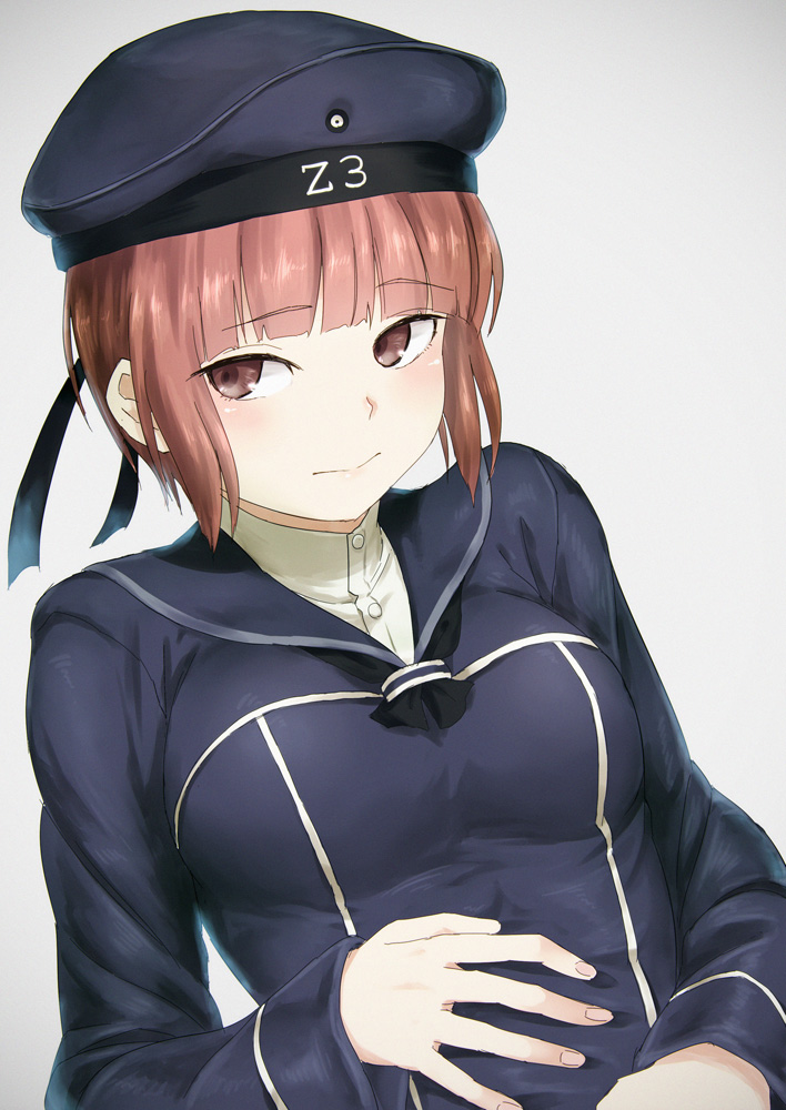 bangs blunt_bangs blush brown_eyes brown_hair clothes_writing dress face hands_on_own_stomach hat kantai_collection looking_away nathaniel_pennel sailor_dress sailor_hat short_hair solo z3_max_schultz_(kantai_collection)