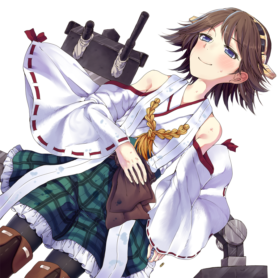 bad_id bad_pixiv_id bare_shoulders blue_eyes blush boots brown_hair cowboy_shot detached_sleeves frilled_skirt frills hairband hand_on_own_stomach hiei_(kantai_collection) japanese_clothes kantai_collection nontraditional_miko pantyhose plaid plaid_skirt retota ribbon-trimmed_sleeves ribbon_trim short_hair skirt smile solo thigh_boots thighhighs white_background