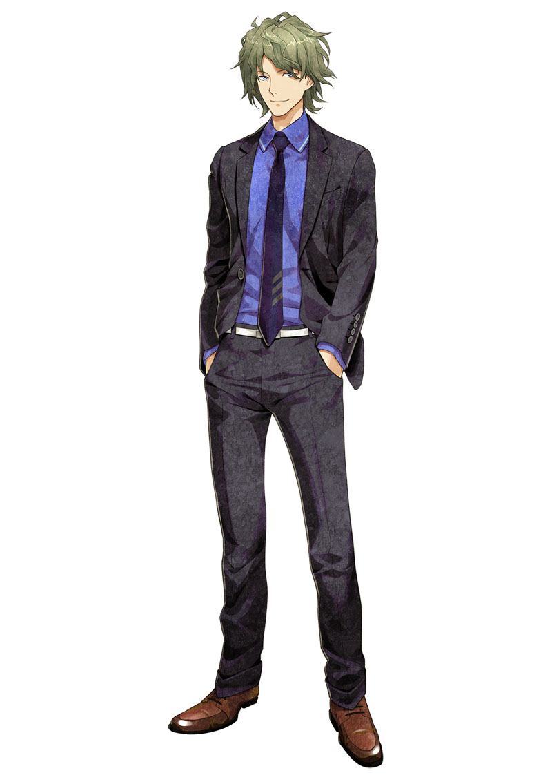 1boy 5pb. belt blue_eyes blue_shirt date_(disorder_6) disorder_6 formal full_body green_hair hands_in_pockets legs long_image long_sleeves looking_at_viewer male male_focus nagahama_megumi necktie official_art open_clothes open_shirt pant_suit pants shirt shoes short_hair simple_background smile solo standing suit tall_image uniform wavy_hair white_background