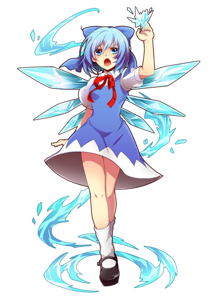 bad_id bad_pixiv_id blue_eyes blue_hair bow cirno hair_bow ice mary_janes open_mouth ribbon shigemori_mifune shoes short_hair solo touhou wings