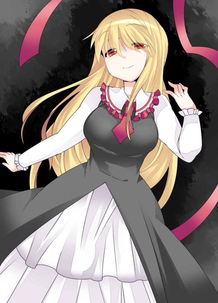 alternate_costume ascot bad_id bad_pixiv_id black_dress blonde_hair blush breasts commentary_request darkness dress ex-rumia hammer_(sunset_beach) large_breasts layered_dress long_hair long_sleeves older red_eyes revision ribbon rumia smile solo touhou very_long_hair white_dress