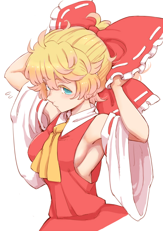 adjusting_hair alice_margatroid armpits arms_up ascot blonde_hair blue_eyes blush bow breasts cosplay daitai_konna_kanji detached_sleeves hair_bow hakurei_reimu hakurei_reimu_(cosplay) medium_breasts short_hair sideboob simple_background skirt solo touhou white_background wide_sleeves