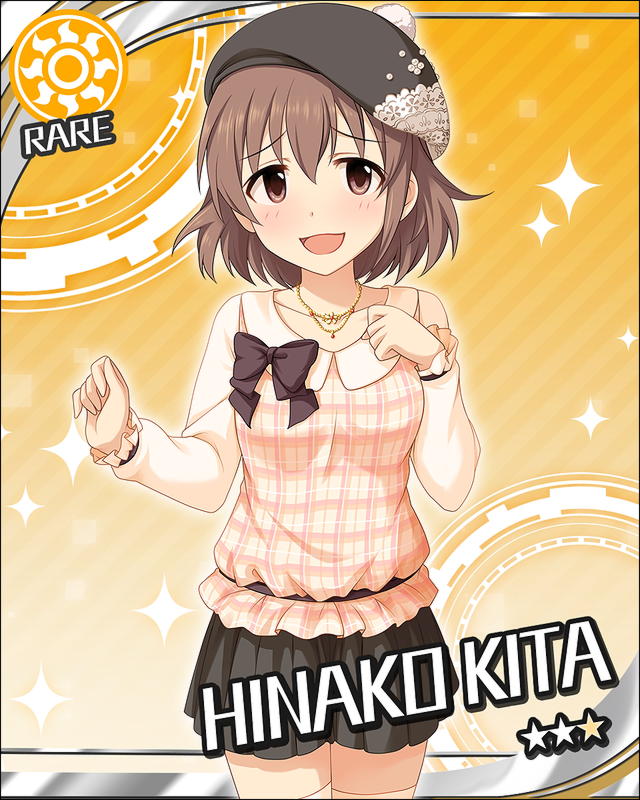 :d blush bow brown_eyes brown_hair card_(medium) character_name hat idolmaster idolmaster_cinderella_girls jewelry kita_hinako necklace open_mouth plaid short_hair smile solo sun_(symbol)