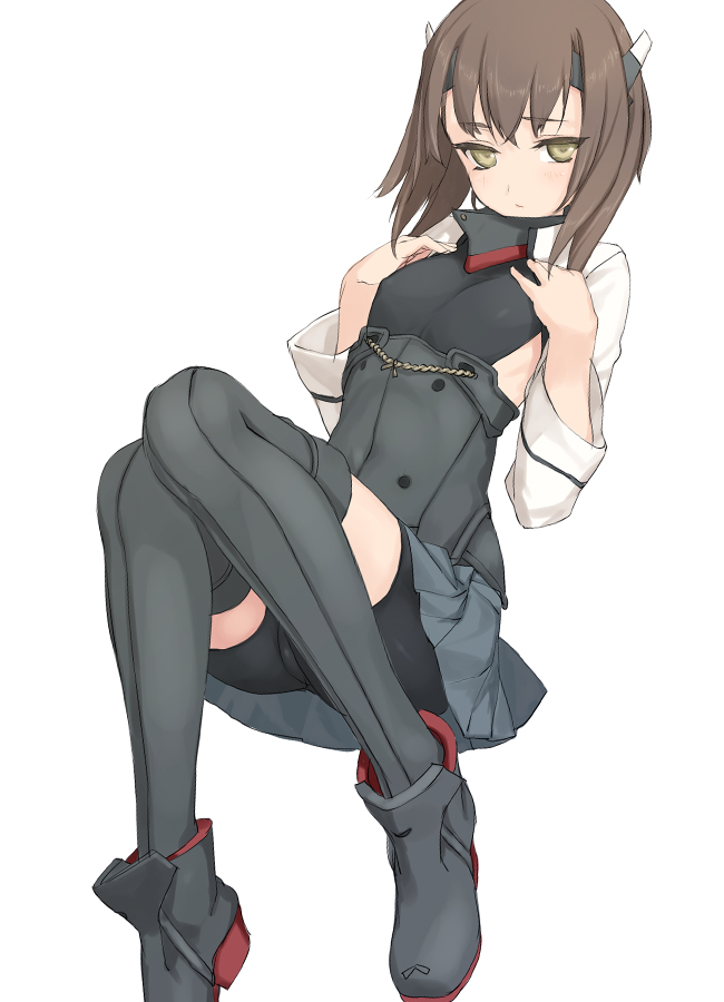 bike_shorts blush breasts brown_eyes brown_hair headband headgear kantai_collection looking_at_viewer rokuwata_tomoe short_hair simple_background skirt small_breasts solo taihou_(kantai_collection) thighhighs white_background