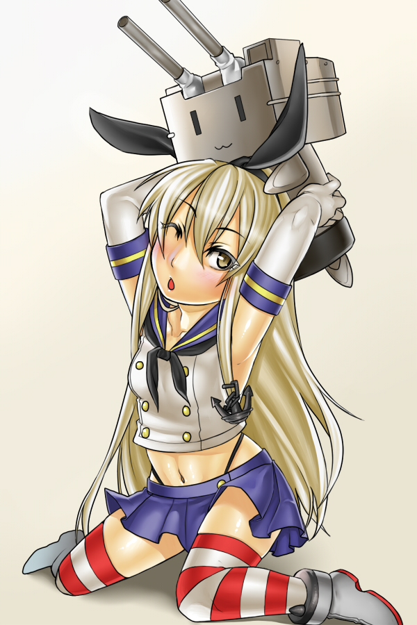 anchor asashin_(kazami-tomo) bad_id bad_pixiv_id black_panties blonde_hair blush elbow_gloves flat_chest gloves hair_ornament hairband highleg highleg_panties kantai_collection long_hair miniskirt one_eye_closed panties rensouhou-chan sailor_collar shimakaze_(kantai_collection) skirt solo striped striped_legwear thighhighs underwear white_gloves