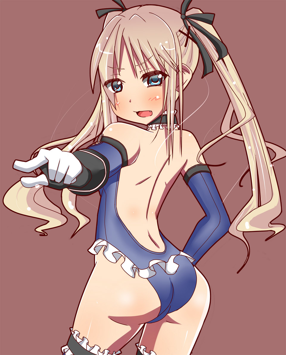 1girl ass back bare_shoulders blonde_hair blue_eyes blush dead_or_alive dead_or_alive_5 detached_collar fang female frills from_behind gloves hair_ribbon leotard long_hair looking_at_viewer marie_rose nabeshima_ryo open_mouth pointing ribbon solo tecmo thighhighs twintails