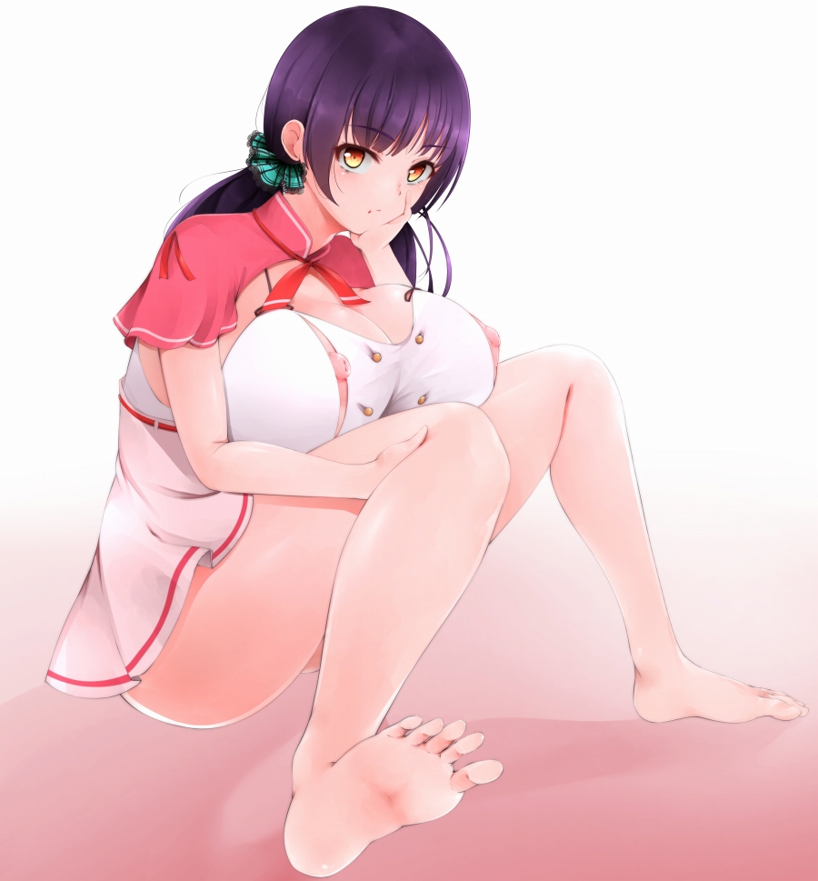 :t barefoot breasts brown_eyes chin_rest cleavage dress feet gradient gradient_background hand_on_own_face huge_breasts long_hair looking_at_viewer nippleless_clothes nipples original pout purple_hair shadow shumichi sitting soles solo toes twintails