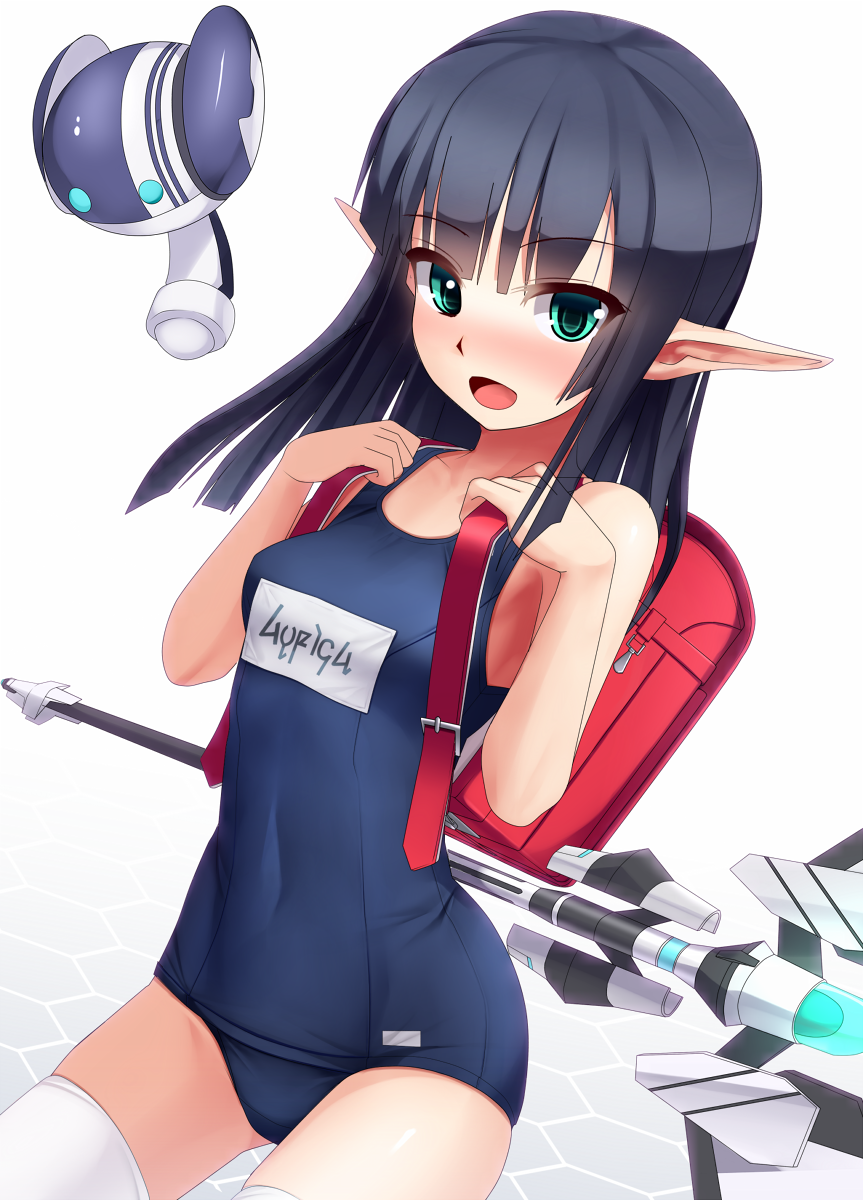 backpack bag bangs blush breasts eto eyebrows_visible_through_hair green_eyes highres long_hair looking_at_viewer md5_mismatch one-piece_swimsuit open_mouth phantasy_star phantasy_star_online_2 pointy_ears randoseru rupika_(pso2) school_swimsuit small_breasts smile solo swimsuit thighhighs wand white_legwear