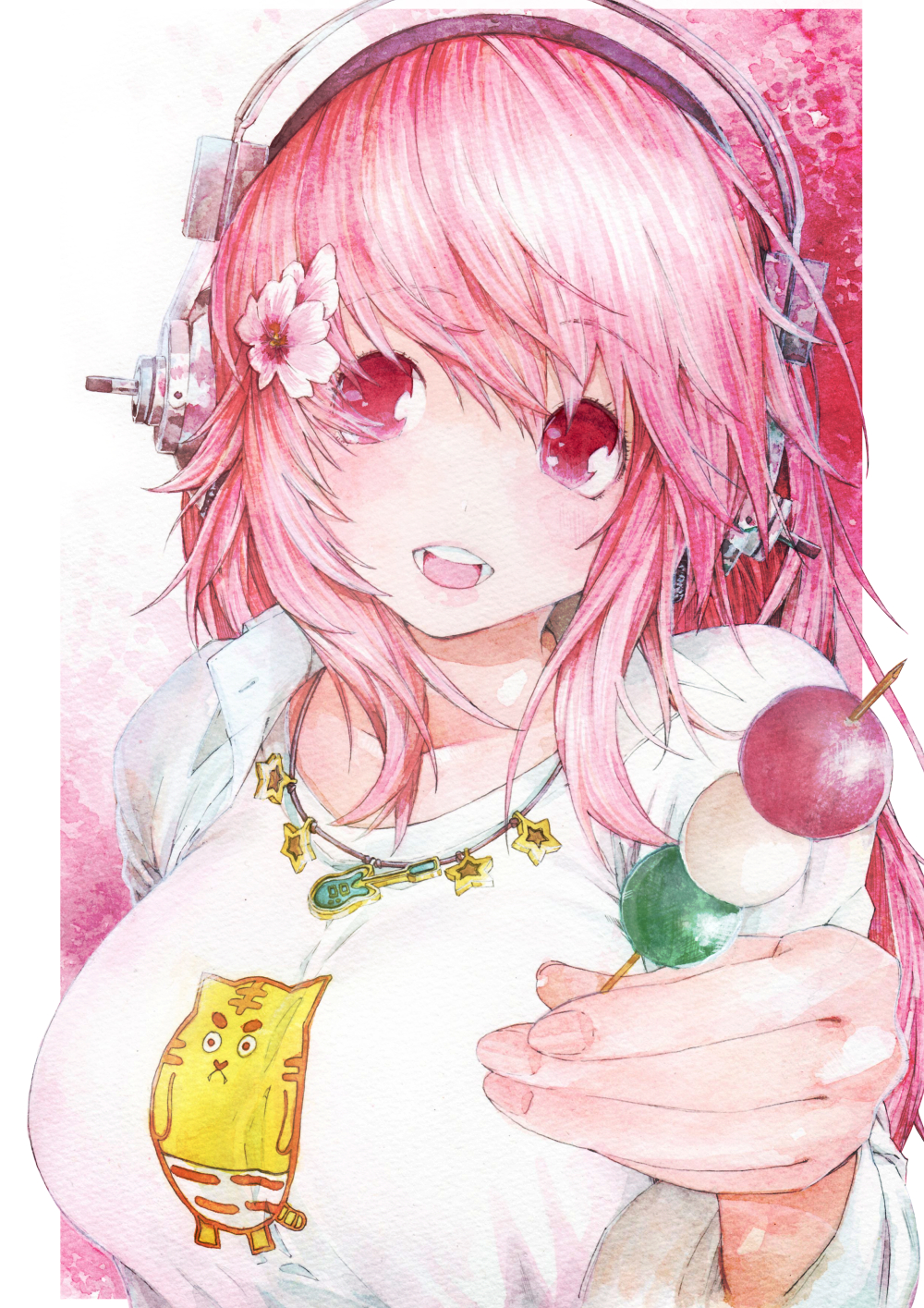 bad_id bad_pixiv_id breasts dango flower food hair_flower hair_ornament headphones highres inumori_shirou large_breasts long_hair looking_at_viewer nitroplus open_mouth pink_eyes pink_hair smile solo super_sonico traditional_media wagashi