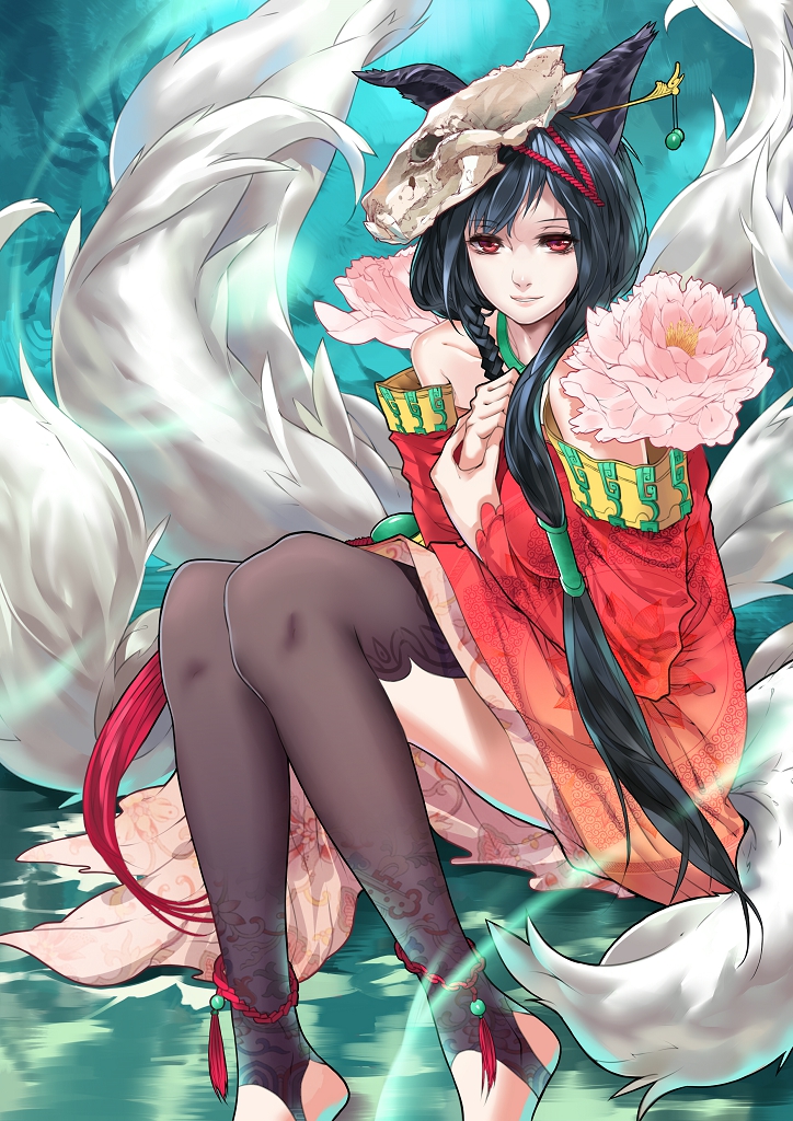 ahri alternate_costume animal_ears black_hair black_legwear citemer dress flower fox_ears fox_tail league_of_legends long_hair long_sleeves mask multiple_tails red_dress red_eyes smile solo tail