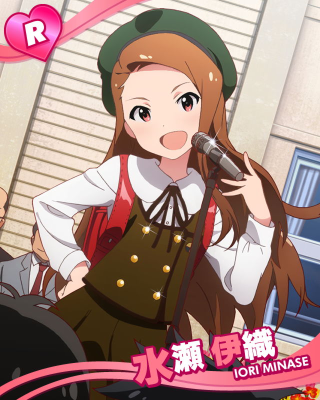 :d artist_request backpack bag beret brown_hair character_name hat idolmaster idolmaster_(classic) idolmaster_million_live! long_hair microphone microphone_stand minase_iori official_art open_mouth pink_eyes randoseru school_uniform smile solo_focus