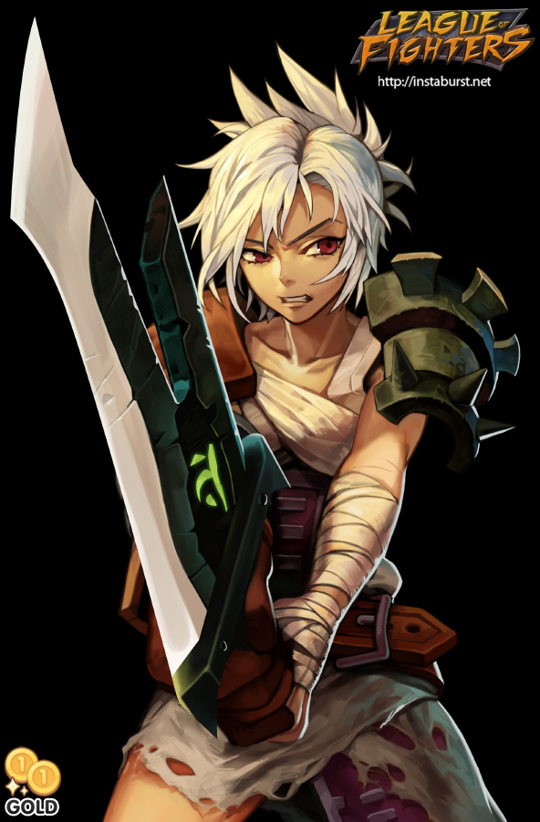2gold bandages belt black_background brown_eyes fighting_stance folded_ponytail holding holding_weapon league_of_legends riven_(league_of_legends) solo sword weapon white_hair