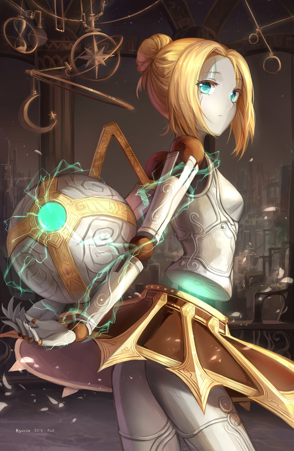 android blonde_hair blue_eyes brown_skirt doll_joints electricity frown hair_bun kyurin_(sunnydelight) league_of_legends orb orianna_reveck robot skirt solo