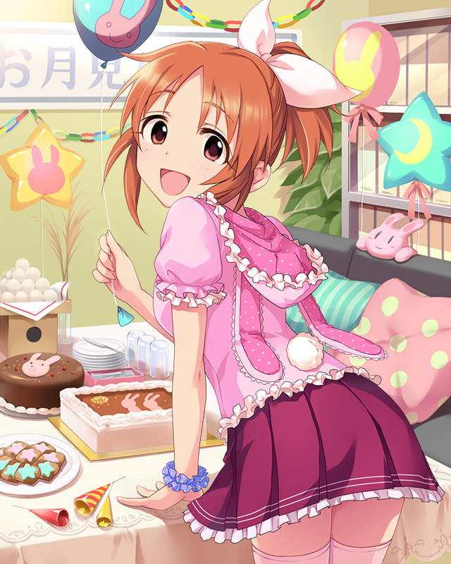 :d abe_nana artist_request balloon brown_eyes brown_hair cake food frilled_skirt frills from_behind idolmaster idolmaster_cinderella_girls looking_back official_art open_mouth pillow pink_legwear ponytail scrunchie skirt smile solo star_balloon stuffed_animal stuffed_bunny stuffed_toy thighhighs wrist_scrunchie