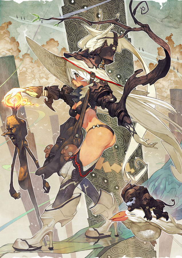 abstract armor ass bag bikini_armor bird boots branch cloud creature fantasy fire from_side full_body hat high_heel_boots high_heels long_hair mole mole_under_eye original panties pillar profile shoulder_bag staff stairs standing thighhighs toridamono underwear very_long_hair white_hair winged_hat witch witch_hat