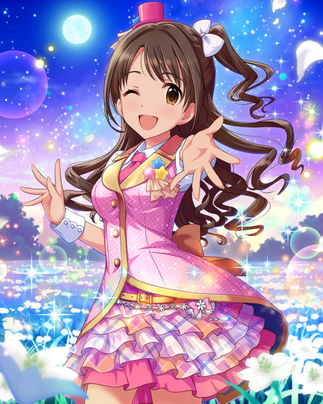 :d bow brown_eyes brown_hair hair_bow hat idolmaster idolmaster_cinderella_girls long_hair moon necktie night night_sky one_eye_closed one_side_up open_mouth outstretched_hand shimamura_uzuki skirt sky smile solo wonderful_magic wrist_cuffs