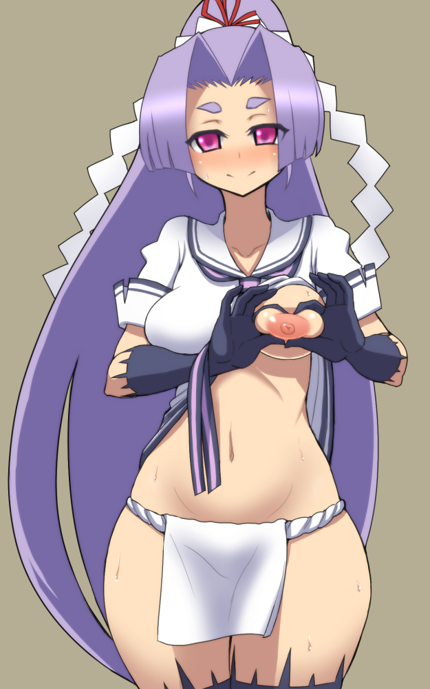 big_hair breast_slip breasts brown_background commentary_request dress dress_lift eyebrows fundoshi gloves hair_ribbon hatsuharu_(kantai_collection) heart heart_hands japanese_clothes kantai_collection loincloth long_hair looking_at_viewer medium_breasts nipples one_breast_out pink_eyes ponytail purple_hair ribbon sailor_dress simple_background smile solo sueyuu sweat very_long_hair wide_hips