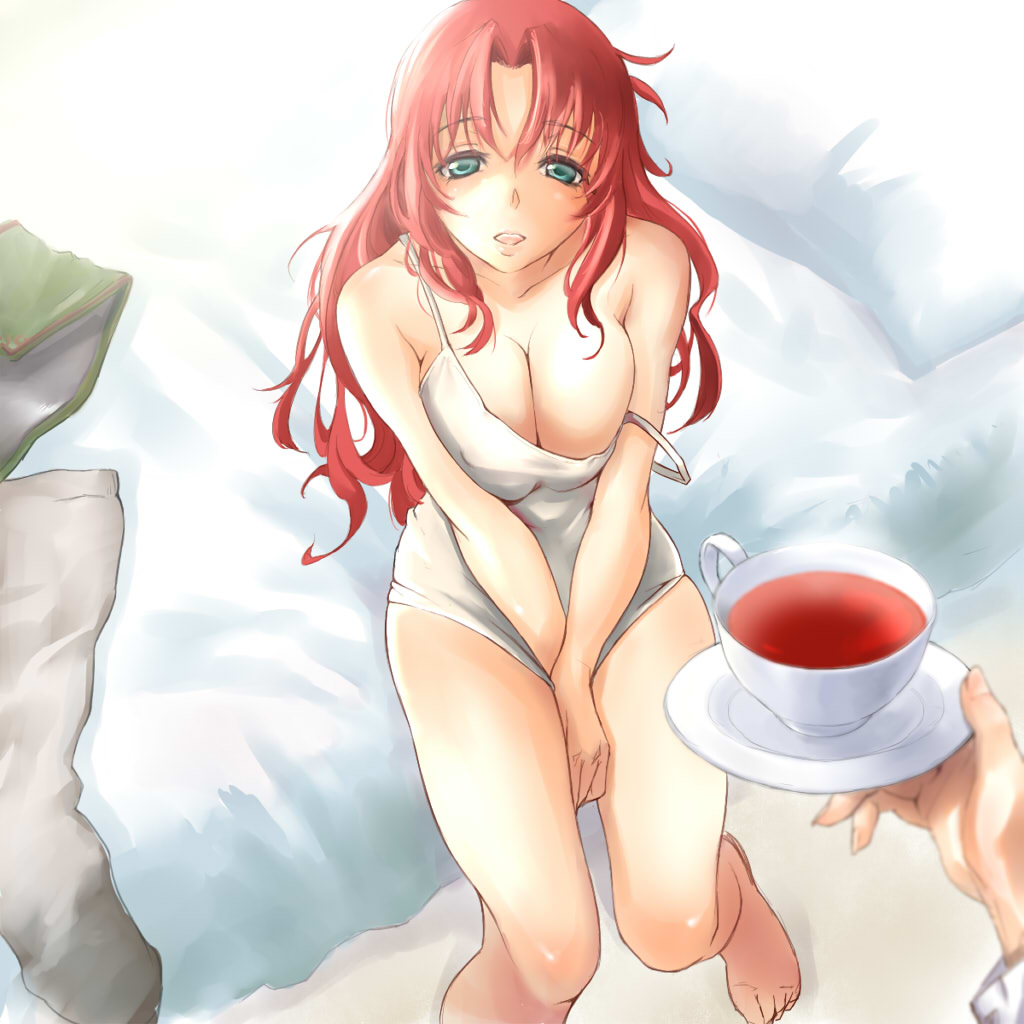 barefoot bed_sheet black_tea blue_eyes blush breasts cleavage covered_nipples cup hi-yo hong_meiling large_breasts long_hair looking_at_viewer open_mouth red_hair saucer sitting smile solo_focus strap_slip tea teacup touhou v_arms wrist_cuffs