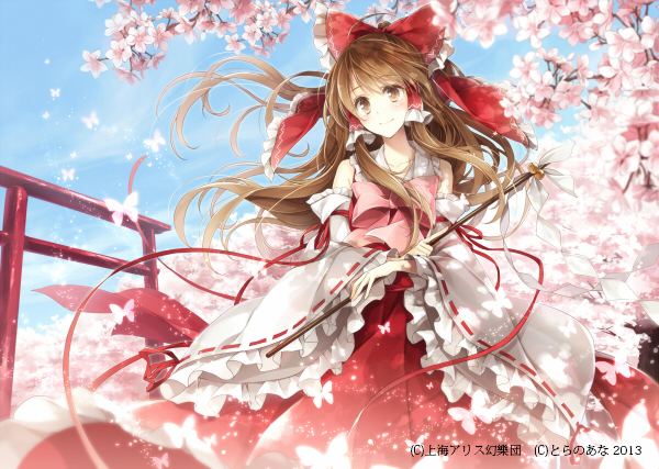 arm_ribbon bare_shoulders blue_sky bow brown_eyes brown_hair bug butterfly cherry_blossoms cloud day detached_sleeves dress hagiwara_rin hair_bow hair_tubes hakurei_reimu insect long_hair long_sleeves nontraditional_miko red_dress ribbon sky smile solo torii touhou tree very_long_hair wind yellow_eyes