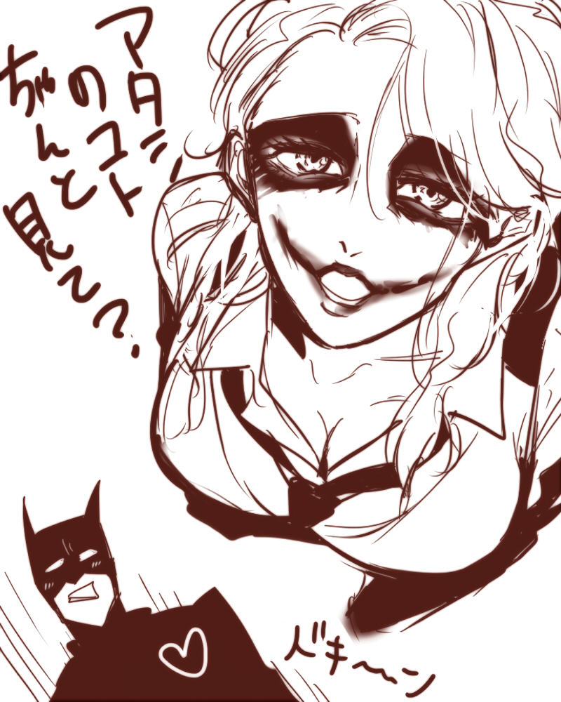 1boy batman batman_(series) blush breasts bruce_wayne dc_comics genderswap makeup the_joker translation_request