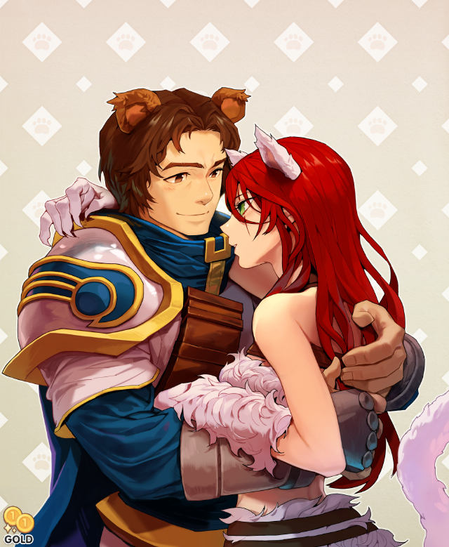 1girl 2gold alternate_costume animal_ears armor bear_ears brown_eyes brown_hair cape cat_ears cat_tail claws couple fur garen_crownguard gauntlets green_eyes hetero hug katarina_du_couteau kitty_cat_katarina league_of_legends long_hair looking_at_another open_mouth pauldrons paws red_hair scar short_hair smile tail