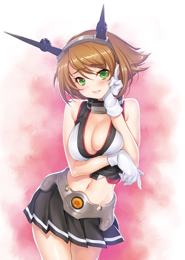 bare_shoulders bikini_top breasts brown_hair cleavage contrapposto eyelashes gloves green_eyes hairband hand_on_own_face headgear kantai_collection kazuma_muramasa large_breasts lips looking_at_viewer midriff miniskirt mutsu_(kantai_collection) navel parted_lips pleated_skirt short_hair skirt smile solo standing white_gloves