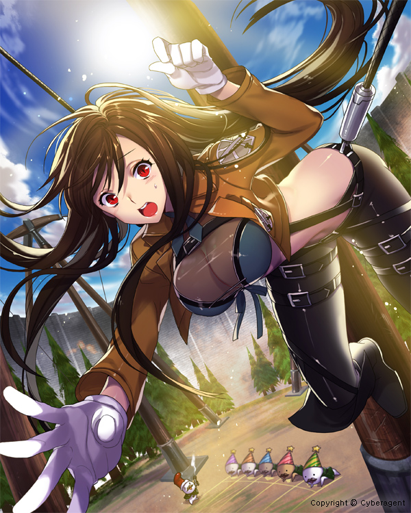 boots breasts brown_hair cleavage emblem empew falling fingerless_gloves gloves jacket large_breasts long_hair open_mouth original outdoors pants paradis_military_uniform path pole red_eyes road shingeki_no_kyojin solo sunlight suspenders tareme thigh_strap three-dimensional_maneuver_gear training_corps_(emblem) very_long_hair