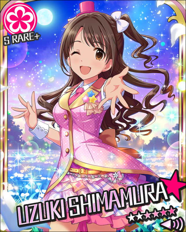 :d bow brown_eyes brown_hair card_(medium) character_name flower_(symbol) hair_bow hat idolmaster idolmaster_cinderella_girls long_hair moon necktie night night_sky one_eye_closed one_side_up open_mouth outstretched_hand shimamura_uzuki skirt sky smile solo wonderful_magic wrist_cuffs