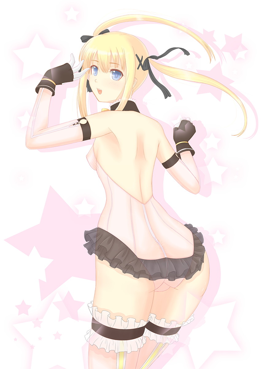 ass back backless_outfit blonde_hair blue_eyes blush breasts cat_with_a_brush dead_or_alive dead_or_alive_5 detached_sleeves fingerless_gloves from_behind garters gloves hair_ribbon highres leotard long_hair looking_back marie_rose ribbon small_breasts solo thighhighs twintails