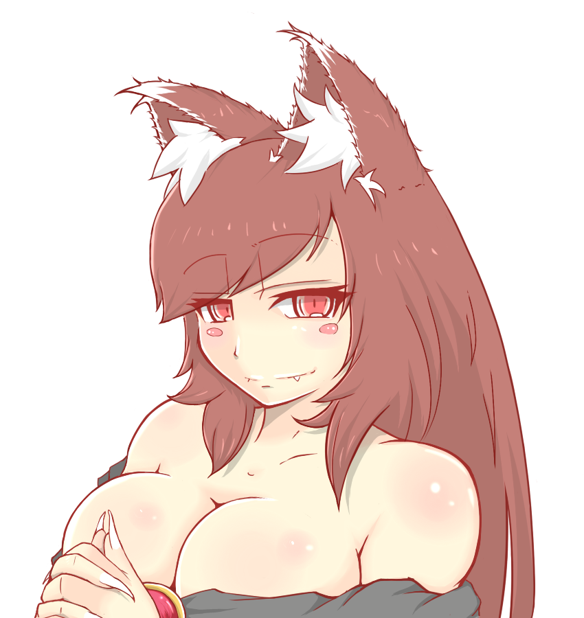 animal_ears bare_shoulders blush_stickers breasts brown_hair cleavage closed_mouth cube85 face fang imaizumi_kagerou large_breasts long_hair looking_at_viewer red_eyes simple_background smile solo touhou upper_body very_long_hair white_background wolf_ears