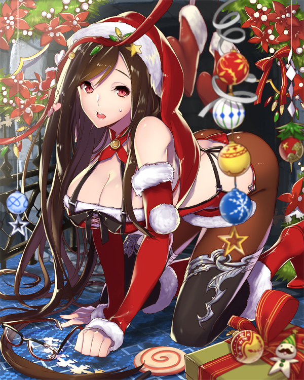 :o all_fours bauble bobblehat box breasts brown_hair christmas cleavage doll empew facial_hair fingerless_gloves flower fur_trim gift gift_box gloves hat huge_breasts leaf long_hair looking_at_viewer mustache open_mouth original pantyhose plant pom_pom_(clothes) red_eyes round_teeth santa_costume santa_hat solo sweatdrop teeth very_long_hair