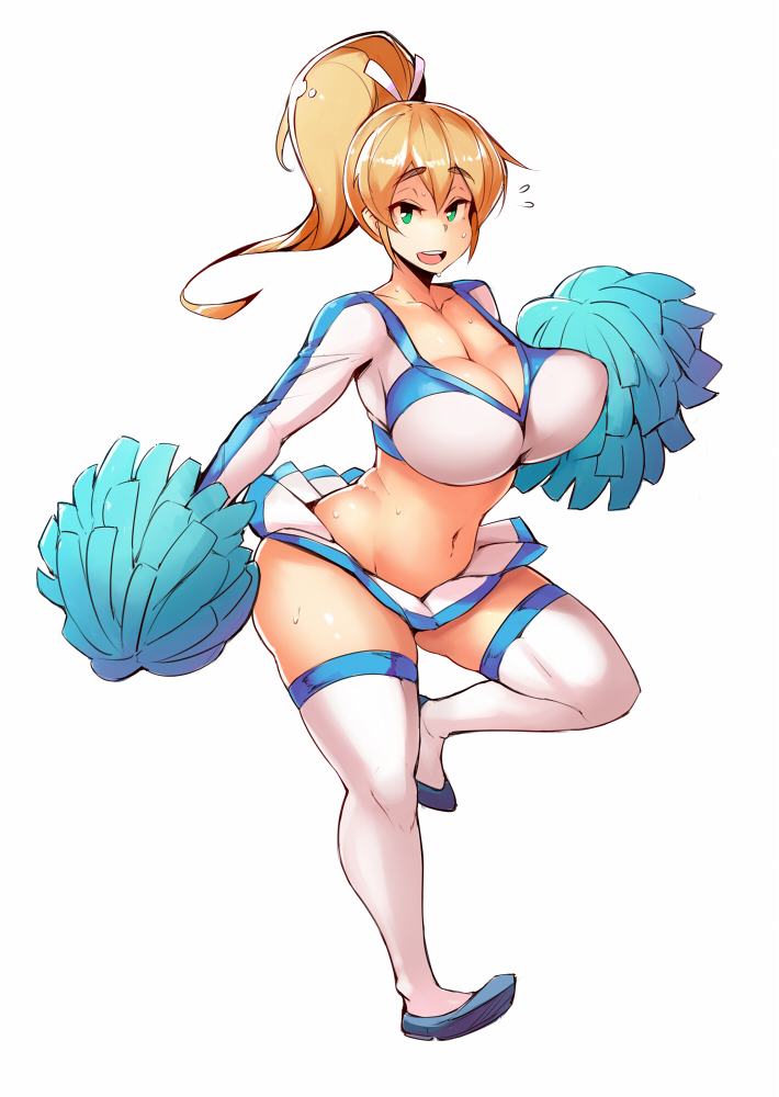 blonde_hair bouncing_breasts breasts cheerleader cleavage crop_top green_eyes huge_breasts long_sleeves looking_at_viewer md5_mismatch midriff miniskirt pom_poms ponytail skirt smile solo sweat thick_thighs thighhighs thighs white_background zako_(arvinry)