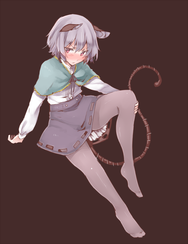 adapted_costume akagashi_hagane alternate_costume animal_ears blush bow brown_background capelet embarrassed grey_hair grey_legwear legs long_sleeves mouse_ears mouse_tail nazrin pantyhose red_eyes shirt short_hair simple_background skirt solo tail touhou white_shirt