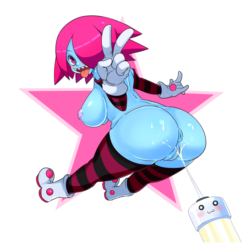 :3 :p \m/ anus ass bad_id bad_tumblr_id blue_skin blush_stickers breasts detached_sleeves fat_mons gloves hair_over_one_eye inverted_nipples large_breasts mato_spectoru nipples no_panties nude original pink_eyes pink_hair plump pussy sharp_teeth solo striped striped_legwear striped_sleeves suggestive_fluid syringe teeth thighhighs tongue tongue_out v viri_bloodsquirt white_gloves