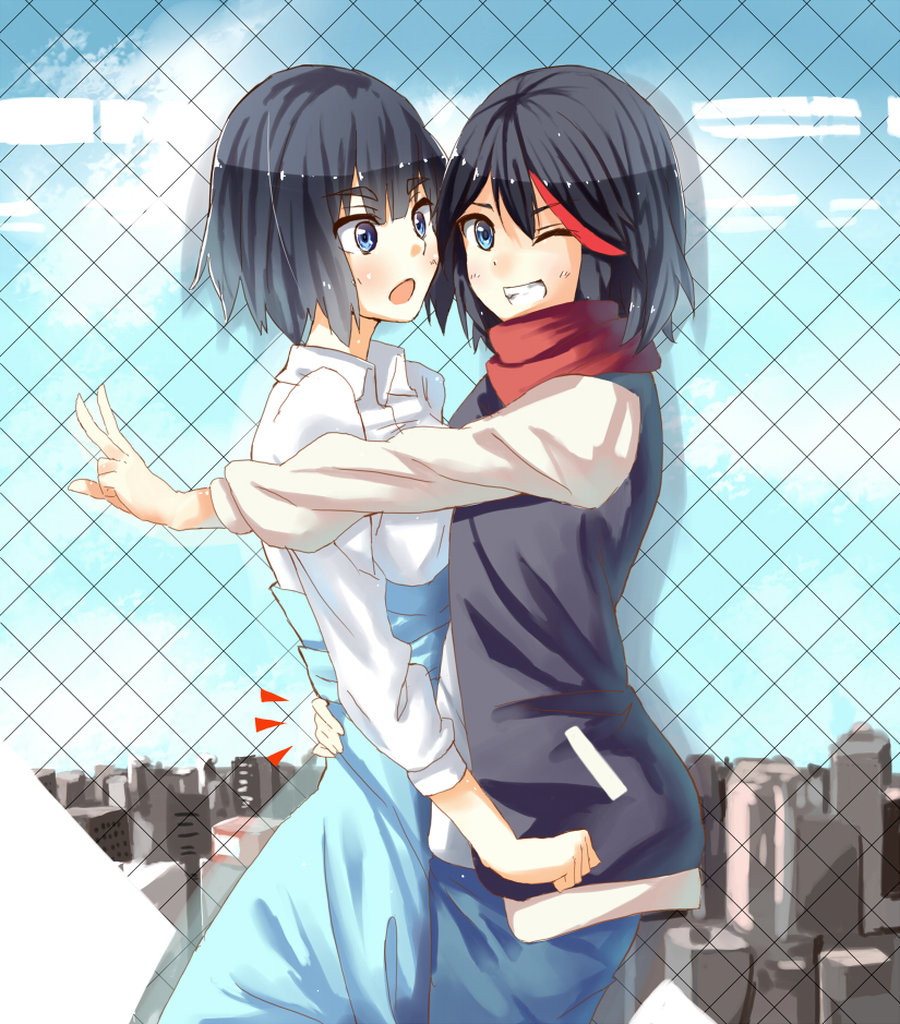 2girls alternate_hairstyle black_hair blue_eyes blue_skirt blush chain-link_fence fence grin hug jacket kill_la_kill kiryuuin_satsuki matoi_ryuuko multicolored_hair multiple_girls one_eye_closed open_mouth red_hair scarf shirt short_hair skirt smile spoilers surprised two-tone_hair v yoshikano