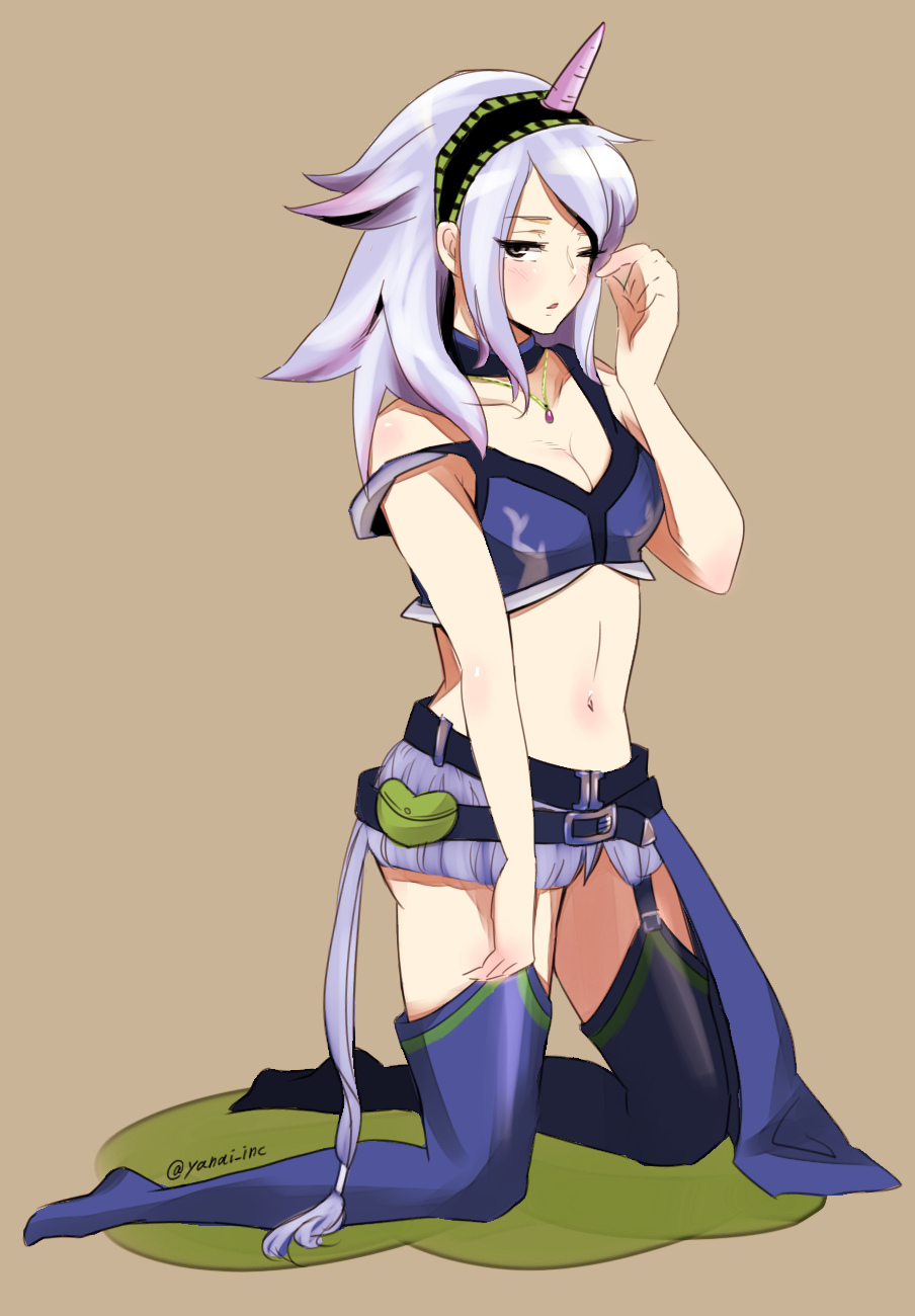 bare_shoulders belt blue_legwear breasts cleavage garter_straps hairband highres horn jewelry kirin_(armor) kneeling long_hair medium_breasts midriff monster_hunter monster_hunter_4 navel off_shoulder one_eye_closed pendant pouch silver_hair simple_background solo thighhighs wince yanai_(ynich)
