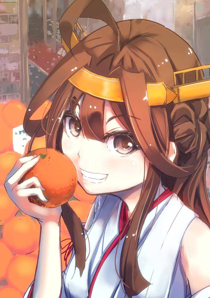 bare_shoulders blush brown_eyes brown_hair detached_sleeves double_bun food fruit hair_ornament hairband headgear highres japanese_clothes kantai_collection kongou_(kantai_collection) konkito long_hair market nontraditional_miko open_mouth orange skirt smile solo