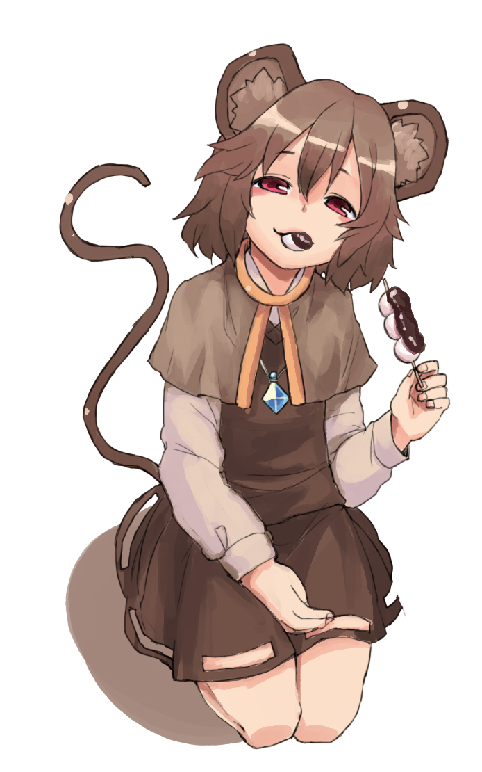 animal_ears blush capelet eating food_in_mouth grey_hair jewelry mouse_ears mouse_tail nazrin pendant red_eyes short_hair simple_background skirt smile solo tail touhou white_background yunuki_uta