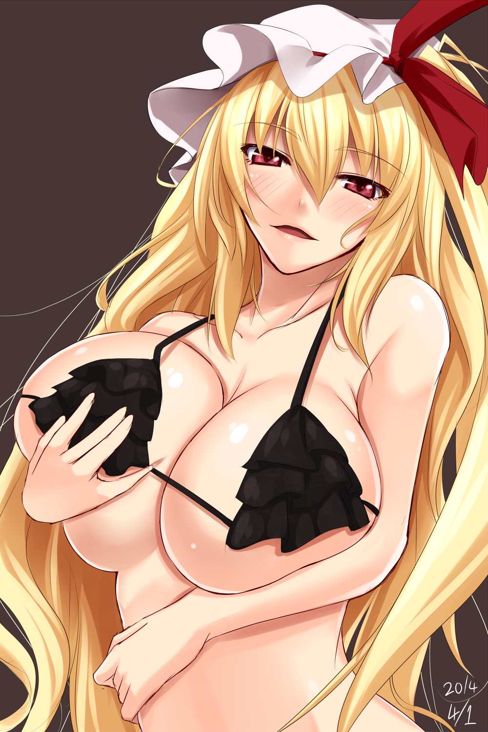 alternate_breast_size bikini black_bikini blonde_hair breast_lift breast_squeeze breasts collarbone flandre_scarlet frilled_bikini frills grey_background half-closed_eyes hat hat_ribbon highres huge_breasts long_hair looking_at_viewer micro_bikini mob_cap older one_side_up open_mouth pink_eyes ribbon self_fondle shuugetsu_karasu simple_background solo swimsuit touhou underboob very_long_hair