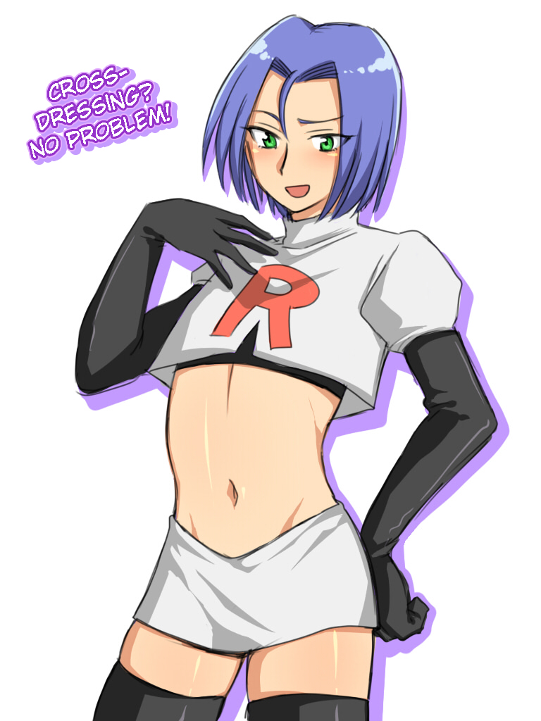 10-byo 1boy androgynous black_legwear blue_hair clothes_writing crossdressing gloves green_eyes hard_translated kojirou_(pokemon) male male_focus midriff miniskirt navel pokemon pokemon_(anime) short_hair simple_background skirt solo team_rocket thighhighs translated trap zettai_ryouiki