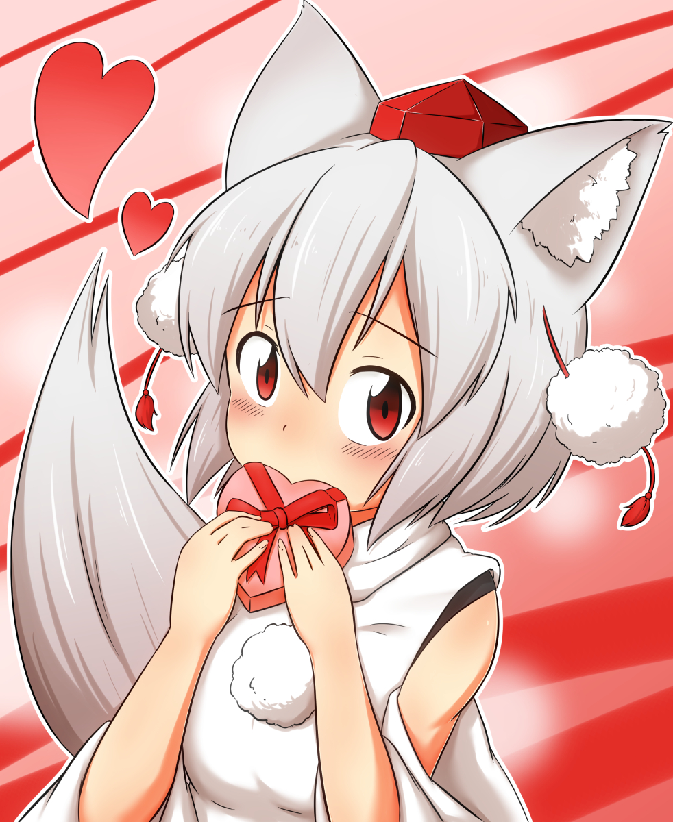 animal_ears bare_shoulders blush box breasts detached_sleeves elu_butyo hat heart heart-shaped_box highres inubashiri_momiji looking_at_viewer medium_breasts pom_pom_(clothes) red_eyes short_hair silver_hair solo tail tokin_hat touhou valentine wolf_ears wolf_tail
