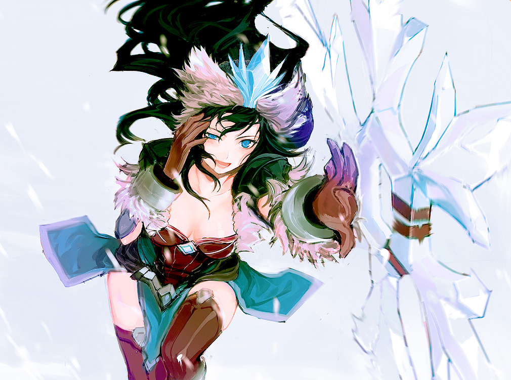alternate_costume black_hair blue_eyes brown_gloves dress gloves goto-ri league_of_legends long_hair open_mouth sivir smile snowflakes solo thighhighs winter_clothes